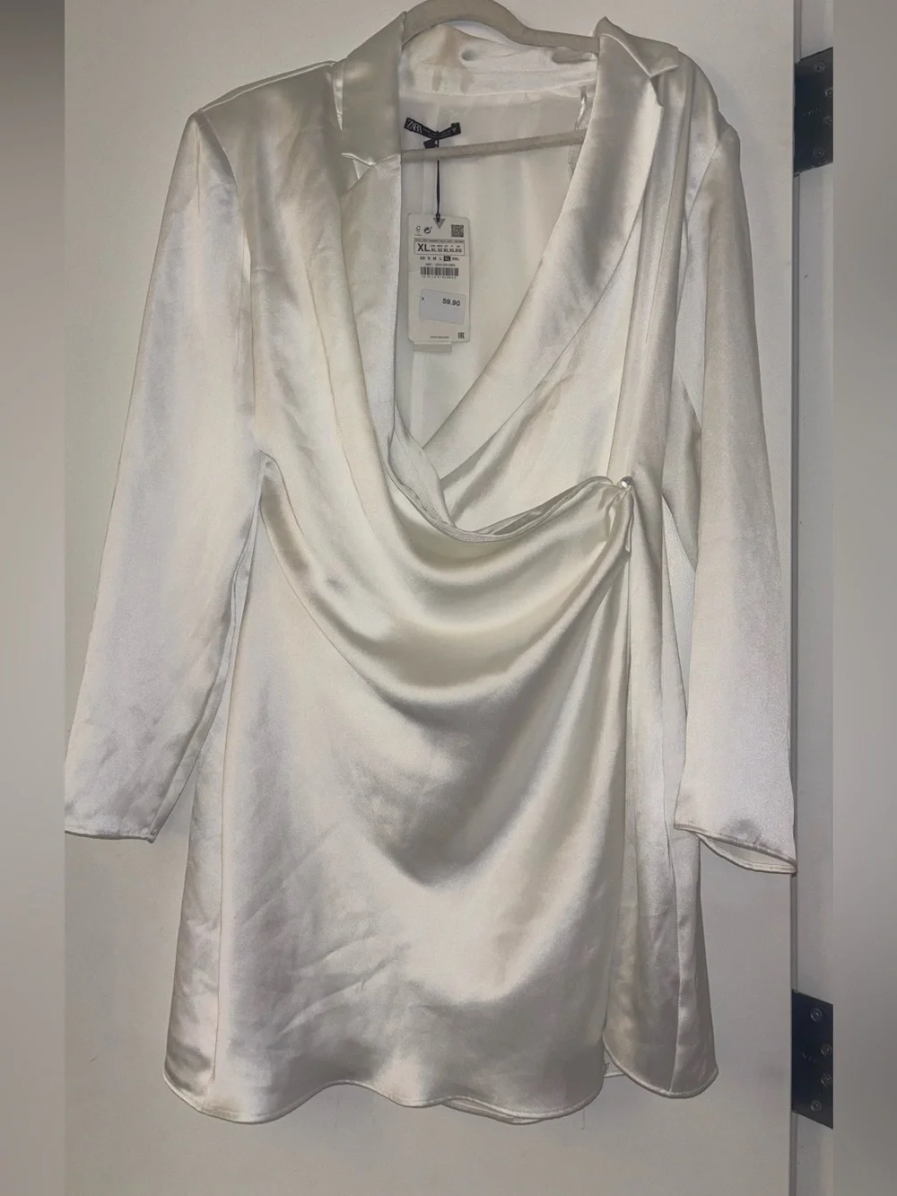 Zara Satin White Wrap-Front Blazer Dress
